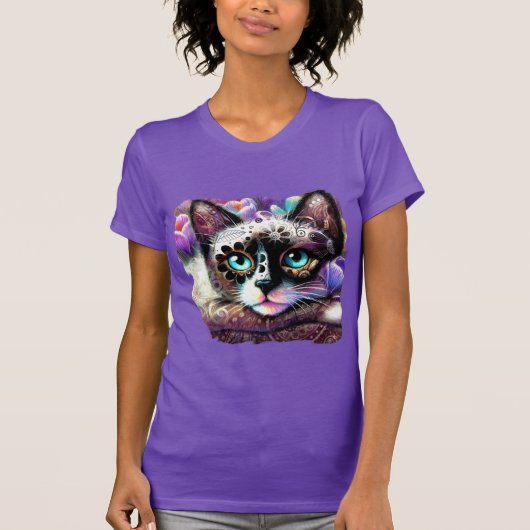 Siamese Kitty Cat Crocus Floral Paarse Blauwgroen T-shirt (Voorkant)