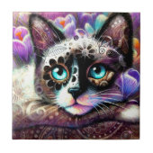 Siamese Kitty Cat Crocus Floral Paarse Blauwgroen  Tegeltje (Voorkant)