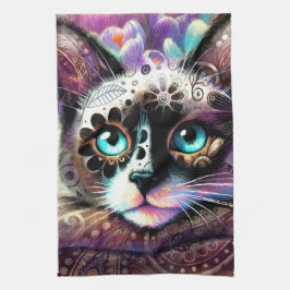 Siamese Kitty Cat Crocus Floral Paarse Blauwgroen  Theedoek