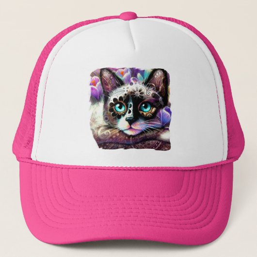 Siamese Kitty Cat Crocus Floral Paarse Blauwgroen  Trucker Pet (Voorkant)