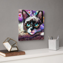 Siamese Kitty Cat Crocus Floral Paarse Blauwgroen  Vierkante Klok