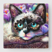 Siamese Kitty Cat Crocus Floral Paarse Blauwgroen  Vierkante Klok (Voorkant)