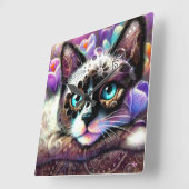 Siamese Kitty Cat Crocus Floral Paarse Blauwgroen  Vierkante Klok (Hoek)