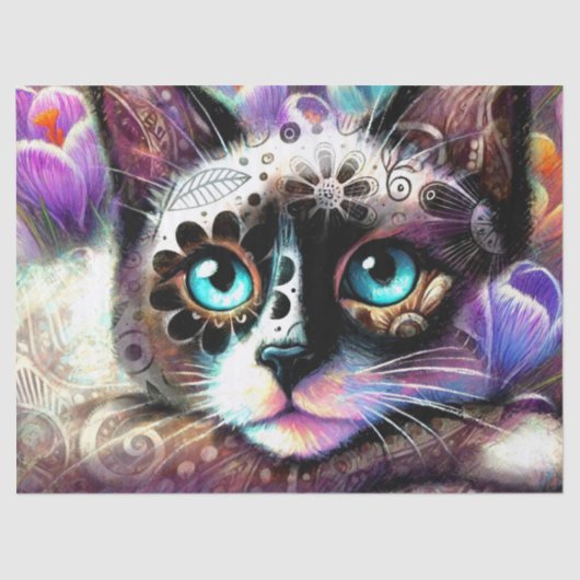 Siamese Kitty Cat Crocus Floral Paarse Decoupage Tissuepapier (Voorkant)