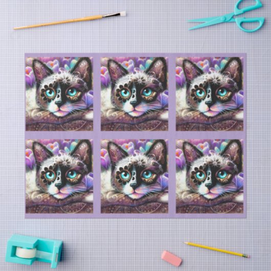 Siamese Kitty Cat Krokus Bloemige Paarse Decoupage Tissuepapier (Craft)