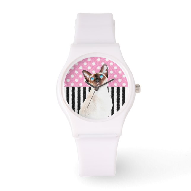 Siamese Pink Polka Horloge (Voorkant)