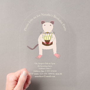 Siamese rat met verjaardagstaart op maat acryl uitnodigingen
