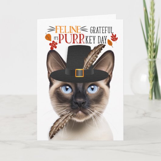 Siamese Seal Point Cat Dankbaar voor PURRkey Day Feestdagen Kaart (Voorkant)