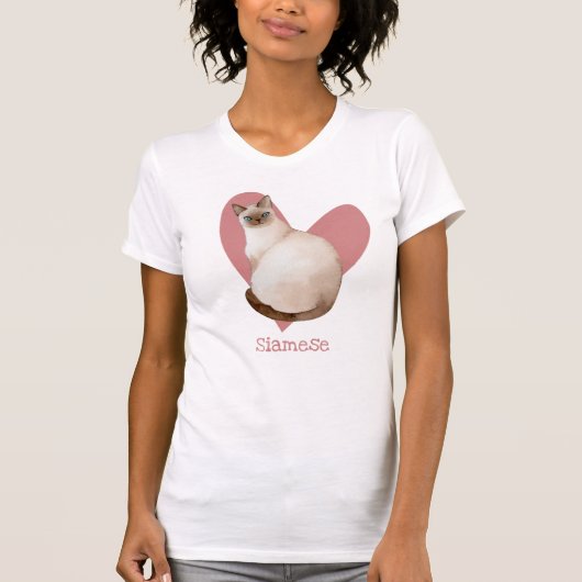 Siamese Waterverf Kat roze hartslag T-shirt (Voorkant)