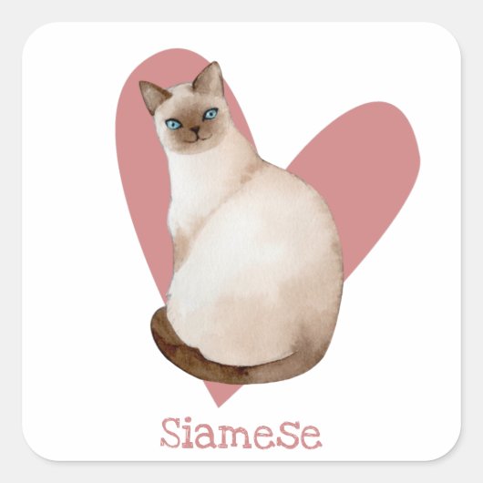 Siamese Waterverf Kat roze hartslag Vierkante Sticker (Voorkant)