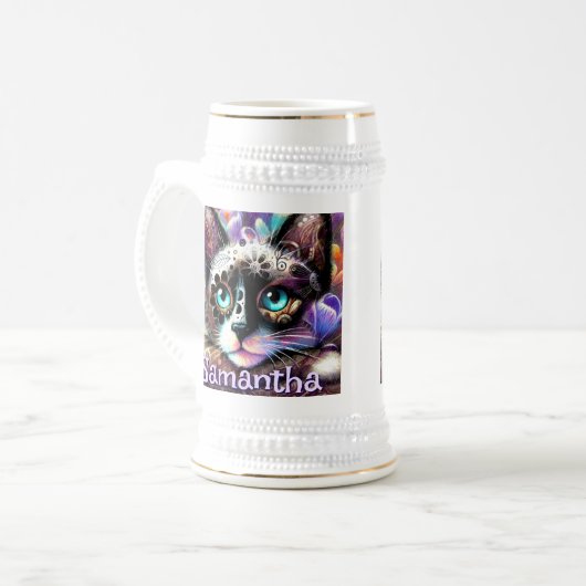Siamese Witte Kitty Cat Crocus Bloemen Gepersonali Bierpul (Voorkant links)