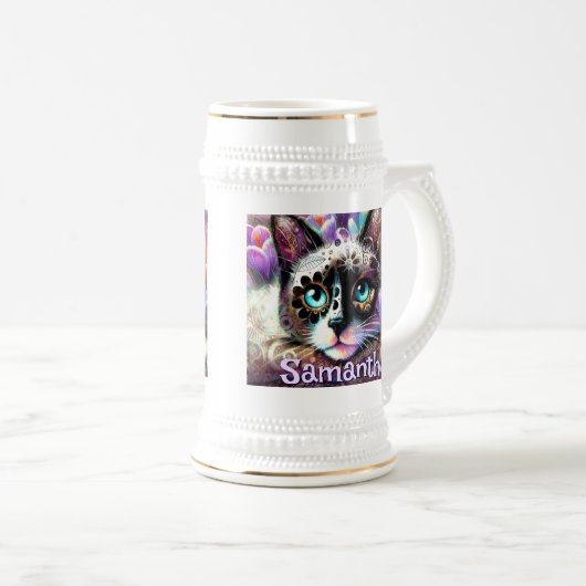 Siamese Witte Kitty Cat Crocus Bloemen Gepersonali Bierpul (Voorkant rechts)