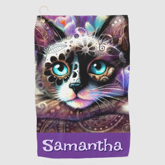 Siamese Witte Kitty Cat Crocus Bloemen Gepersonali Golfhanddoek (Voorkant)