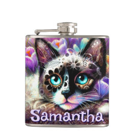 Siamese Witte Kitty Cat Crocus Bloemen Gepersonali Heupfles