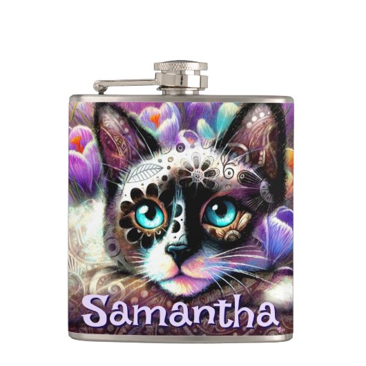 Siamese Witte Kitty Cat Crocus Bloemen Gepersonali Heupfles (Voorkant)