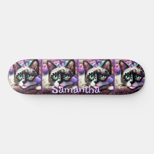 Siamese Witte Kitty Cat Crocus Bloemen Gepersonali Persoonlijk Skateboard (Horizontaal)