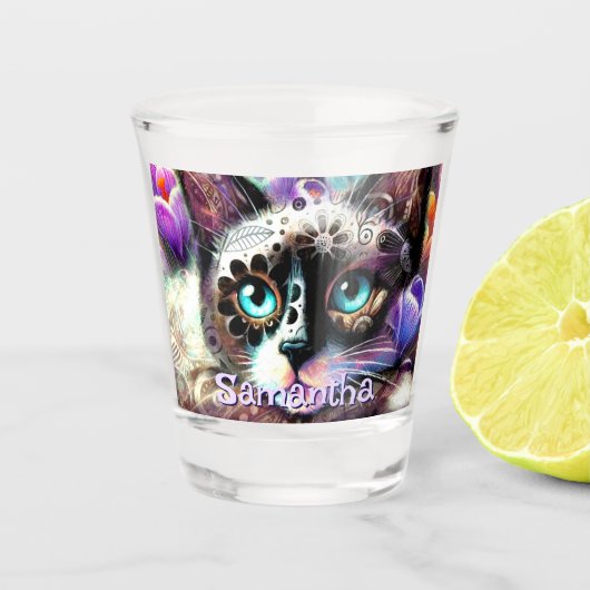 Siamese Witte Kitty Cat Crocus Bloemen Gepersonali Shot Glas (Voorkant)