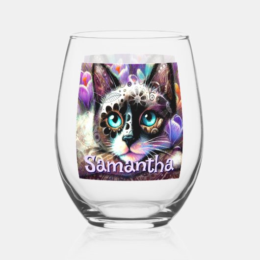 Siamese Witte Kitty Cat Crocus Bloemen Gepersonali Wijnglas Zonder Voet (Voorkant)