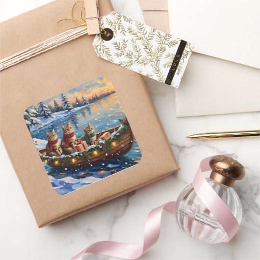 Siberian Cat Christmas Boat Holiday Vierkante Sticker (Geschenken)