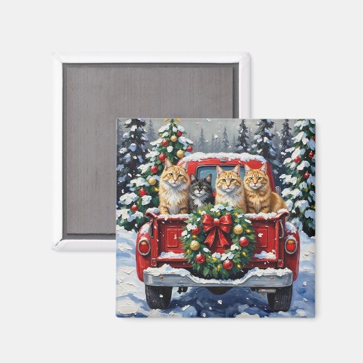 Siberian Cat Christmas Red Truck Holiday Magneet (Voorkant / Achterkant)