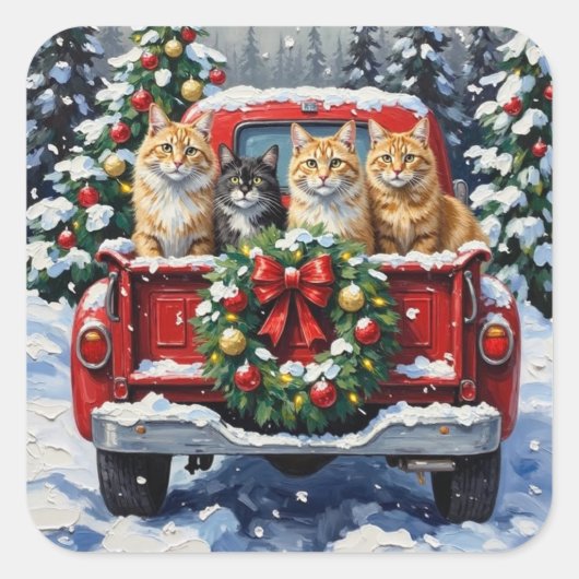 Siberian Cat Christmas Red Truck Holiday Vierkante Sticker (Voorkant)