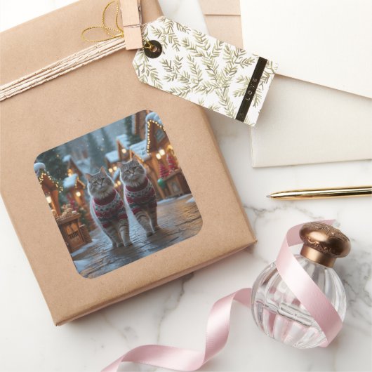 Siberian Cats Christmas Snow Holiday  Vierkante Sticker (Geschenken)