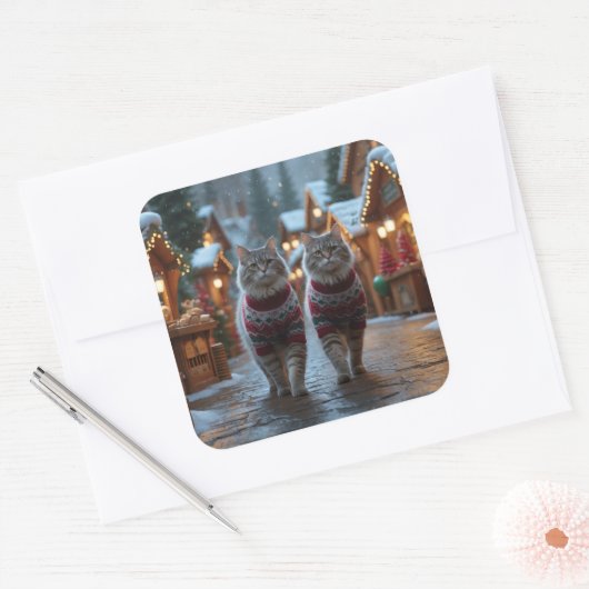 Siberian Cats Christmas Snow Holiday  Vierkante Sticker (Envelop)