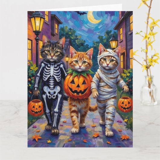 Siberian Cats Trick-or-Treating Halloween Costumes Kaart (Gele Bloem)