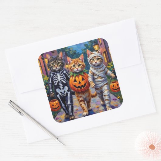 Siberian Cats Trick-or-Treating Halloween Costumes Vierkante Sticker (Envelop)