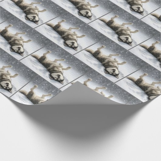 Siberian Huskey Creating a Snow Angel Cadeaupapier (Hoek)