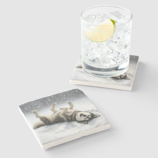 Siberian Huskey Creating a Snow Angel Stenen Onderzetter (Zijkant)