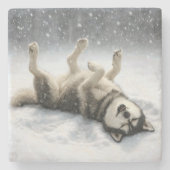 Siberian Huskey Creating a Snow Angel Stenen Onderzetter (Voorkant)