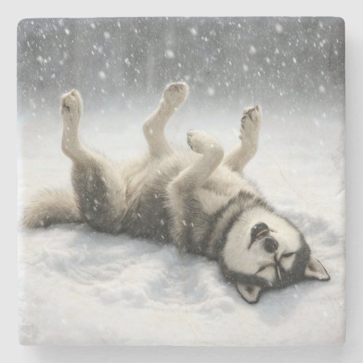 Siberian Huskey Creating a Snow Angel Stenen Onderzetter (Voorkant)