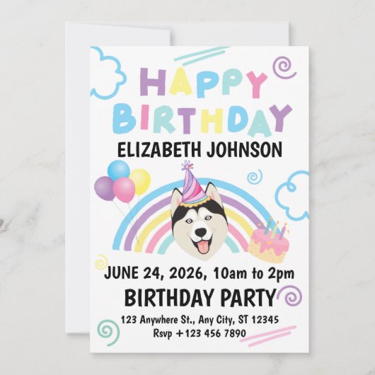 Siberian Husky Birthday Invitation in White Kaart (Voorkant)