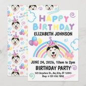 Siberian Husky Birthday Invitation in White Kaart (Voorkant / Achterkant)