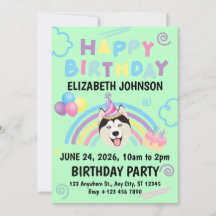 Siberian Husky Birthday Party Invitation Green