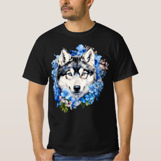 Siberian Husky Blauwe Bloemenschildering in Waterv T-shirt