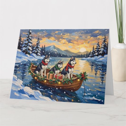 Siberian Husky Christmas Boat Holiday Kaart (Voorkant)