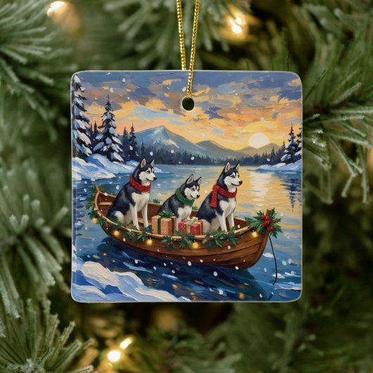 Siberian Husky Christmas Boat Holiday Keramisch Ornament (Boom)