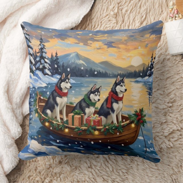 Siberian Husky Christmas Boat Holiday Kussen (Deken)