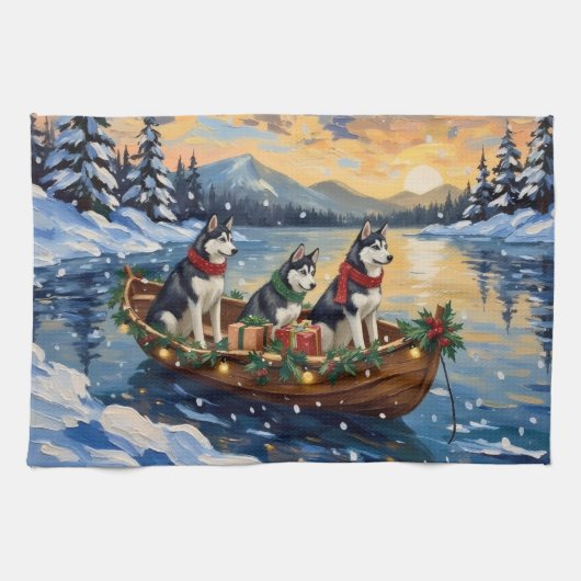 Siberian Husky Christmas Boat Holiday Theedoek (Horizontaal)