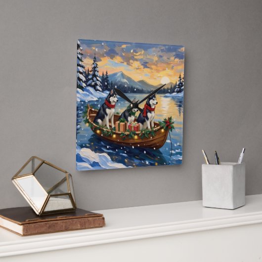 Siberian Husky Christmas Boat Holiday Vierkante Klok (Kantoor)