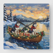 Siberian Husky Christmas Boat Holiday Vierkante Klok (Voorkant)