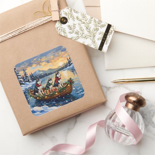 Siberian Husky Christmas Boat Holiday Vierkante Sticker (Geschenken)