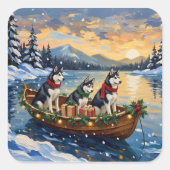 Siberian Husky Christmas Boat Holiday Vierkante Sticker (Voorkant)