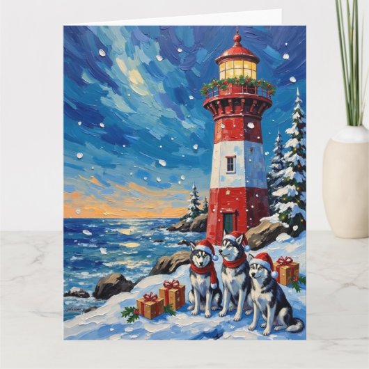 Siberian Husky Christmas Lighthouse Holiday Kaart (Voorkant)