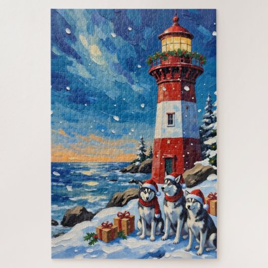 Siberian Husky Christmas Lighthouse Holiday Legpuzzel (Verticaal)