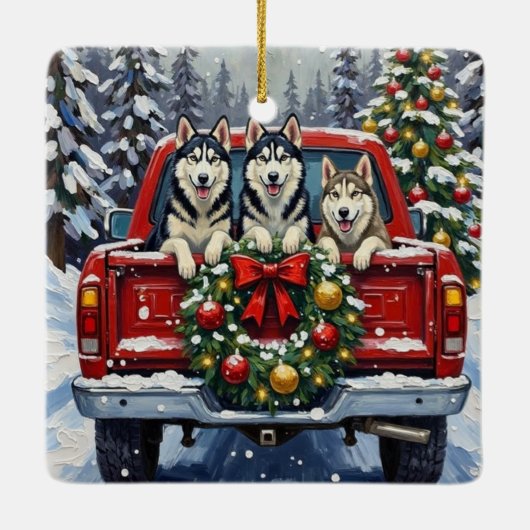 Siberian Husky Christmas Red Truck Holiday Keramisch Ornament (Achterkant)