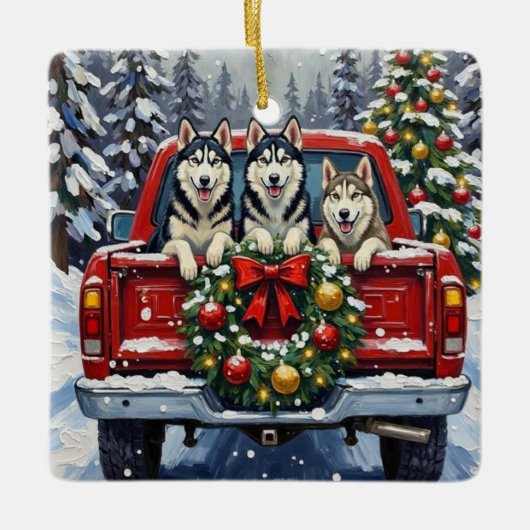 Siberian Husky Christmas Red Truck Holiday Keramisch Ornament (Voorkant)