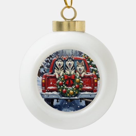 Siberian Husky Christmas Red Truck Holiday Keramische Bal Ornament (Voorkant)
